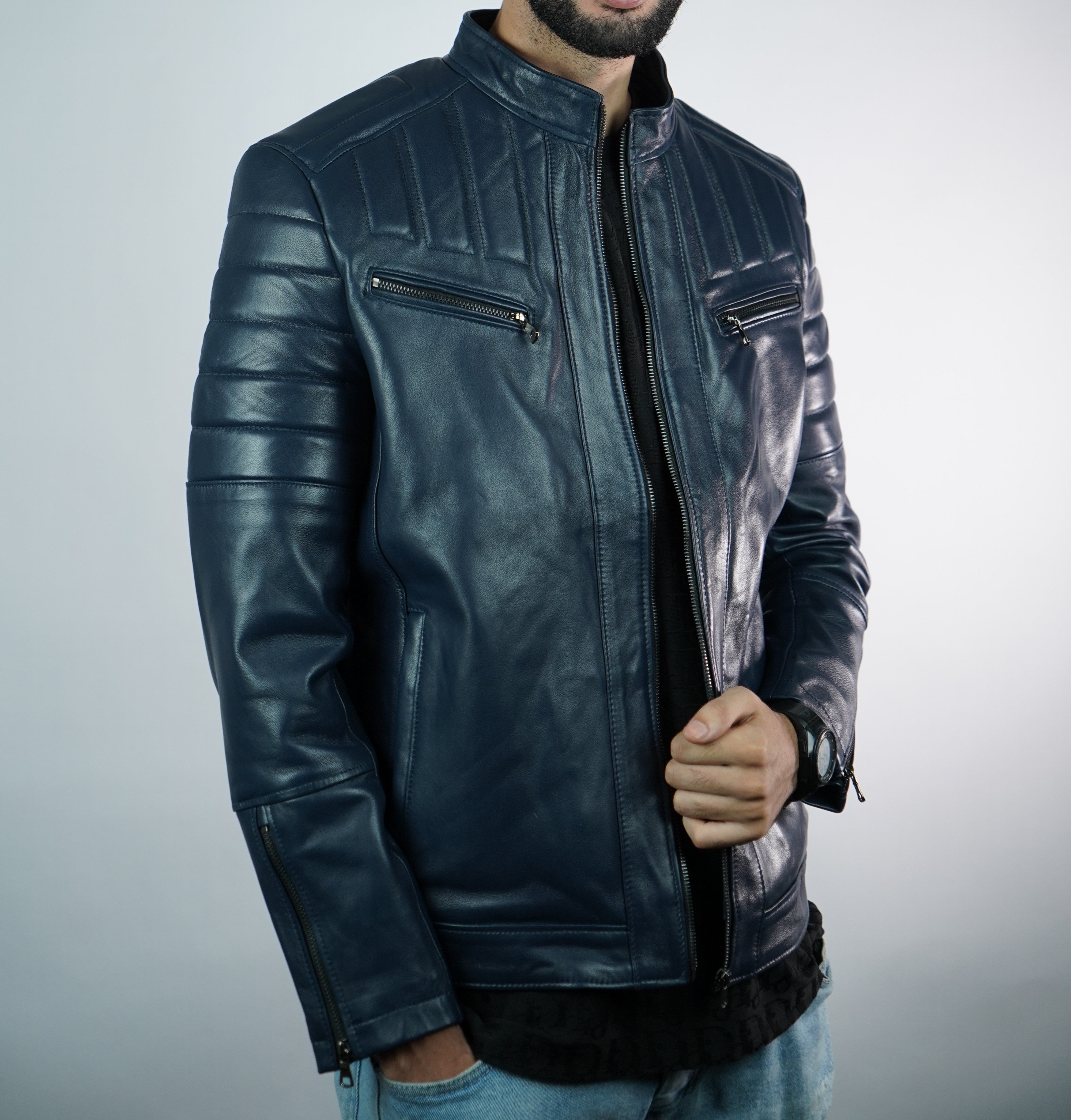 Jacket En Cuii-r Origin Bleu Marrine