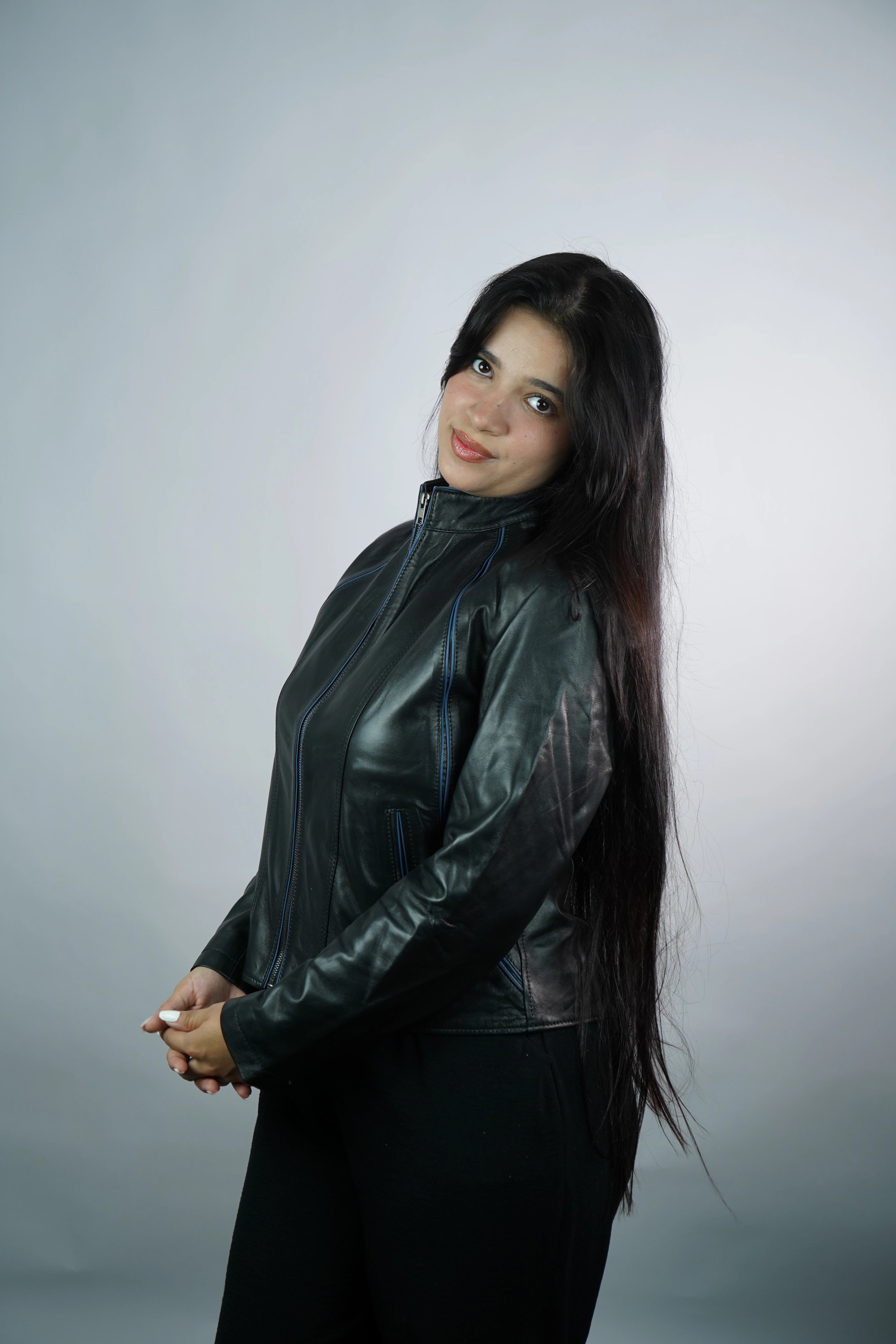 Women’s Leather Jacket – Origin Black with Blue Detail