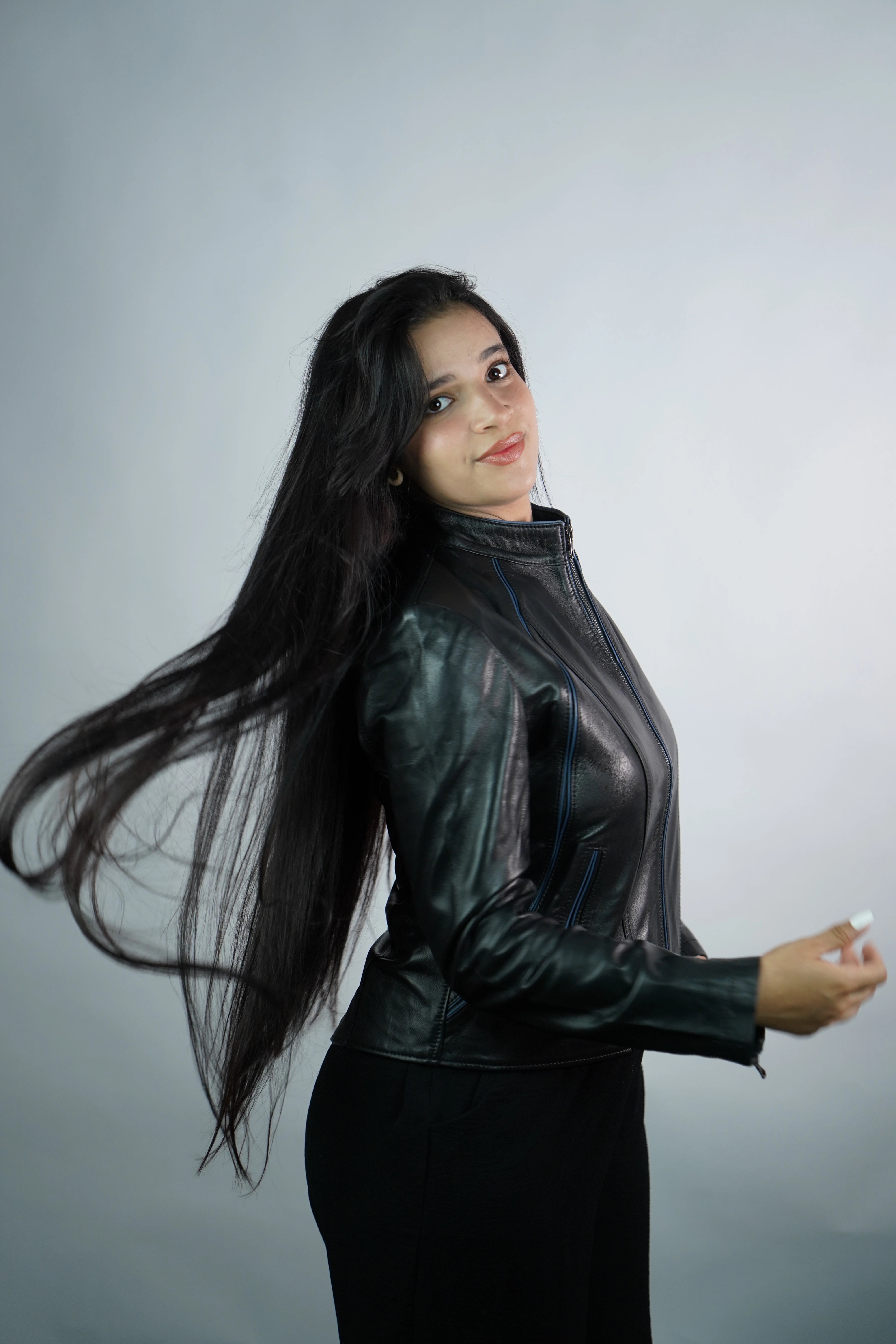 Women’s Leather Jacket – Origin Black with Blue Detail