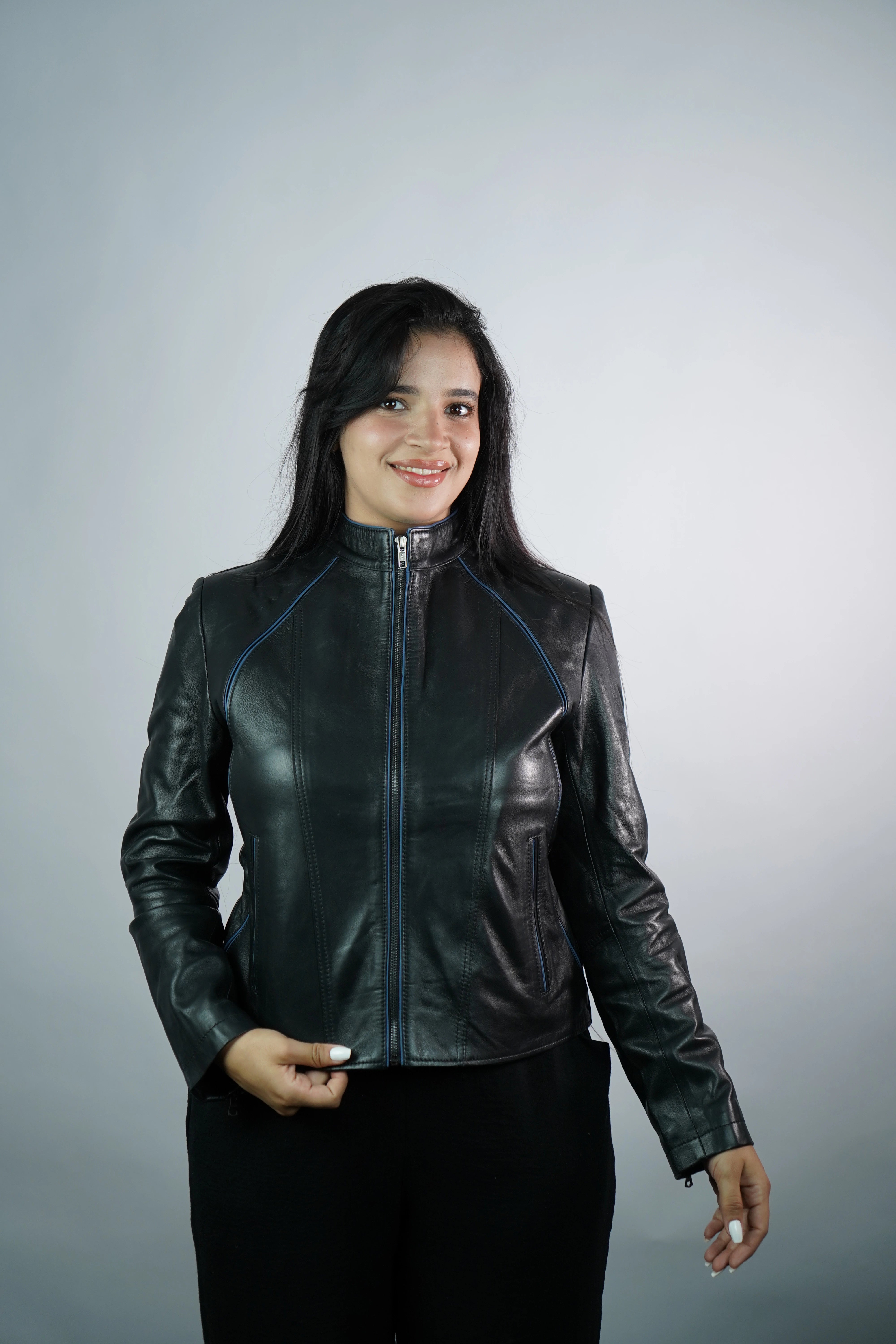 Women’s Leather Jacket – Origin Black with Blue Detail