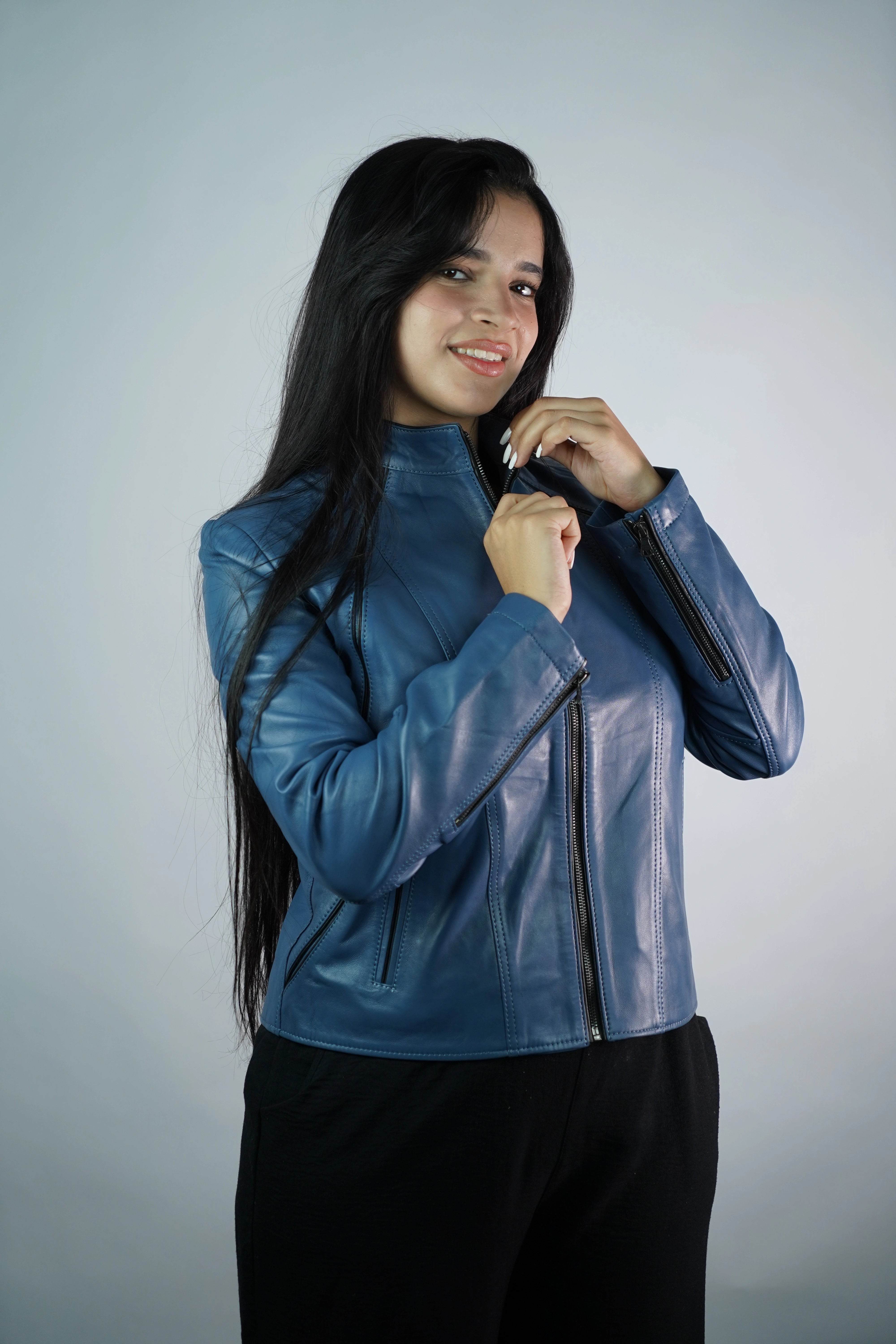 Women’s Blue Faux Leather Jacket – Slim Fit with Stand Collar