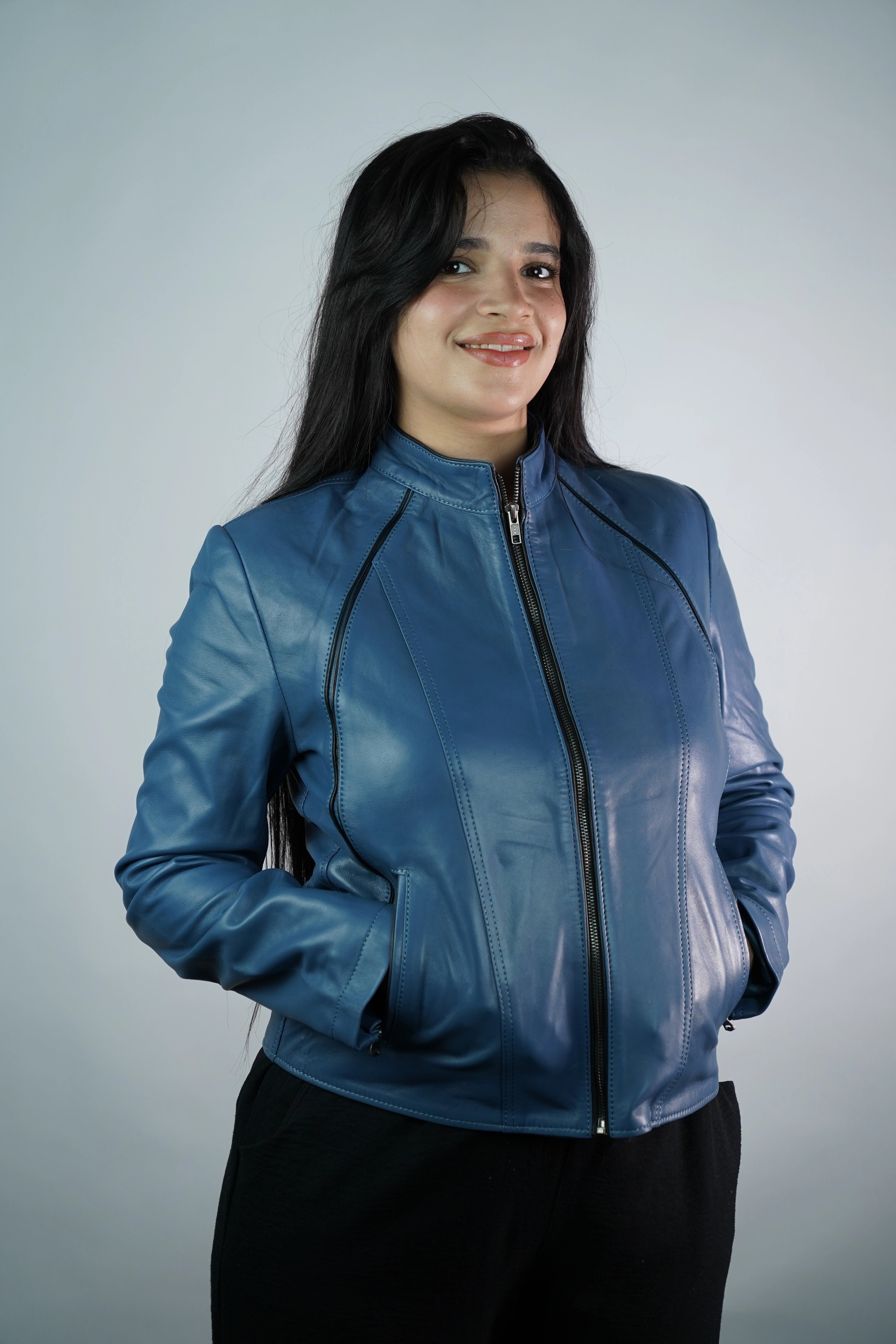 Women’s Blue Faux Leather Jacket – Slim Fit with Stand Collar