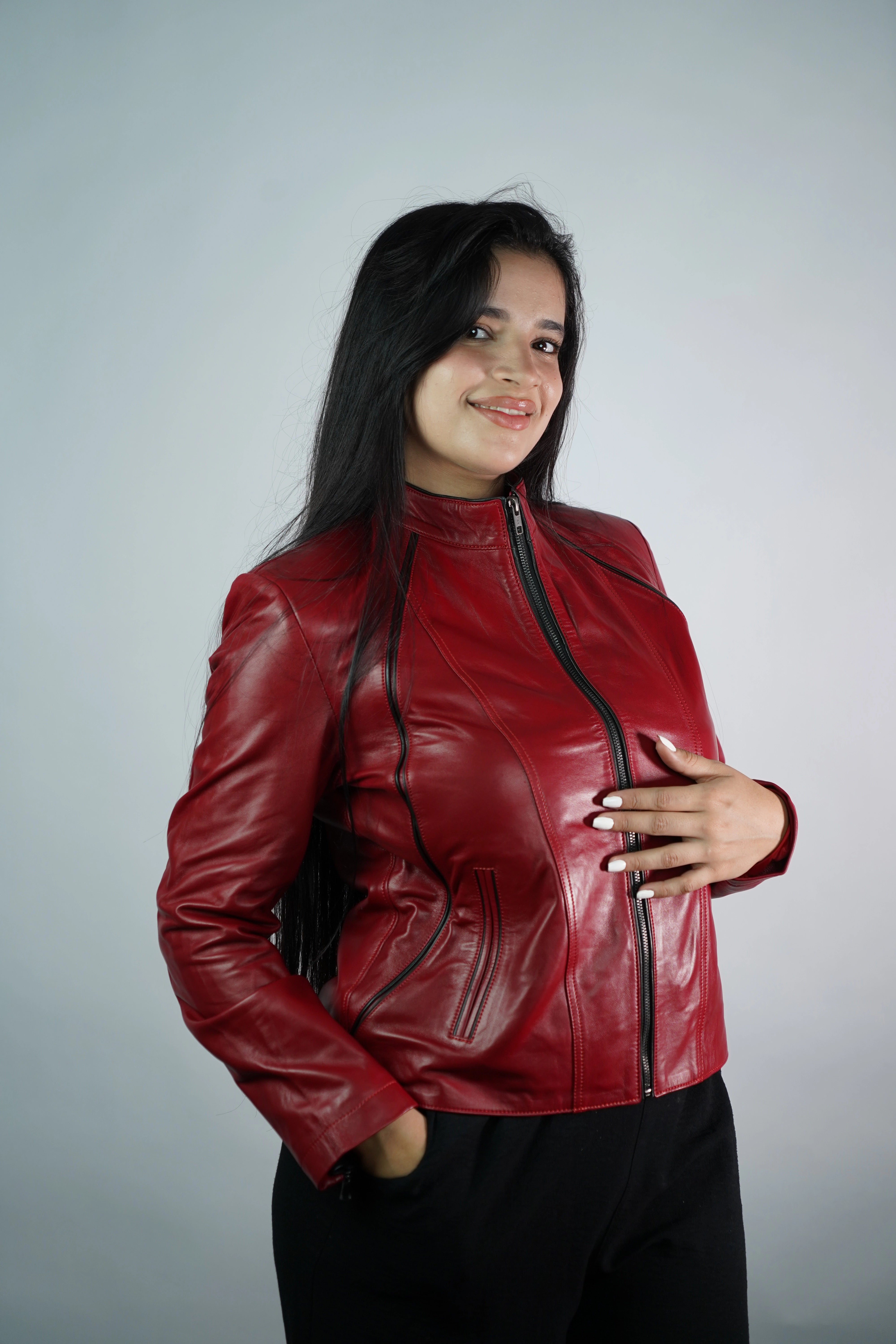 Women’s Red Faux Leather Jacket – Slim Fit with Stand Collar