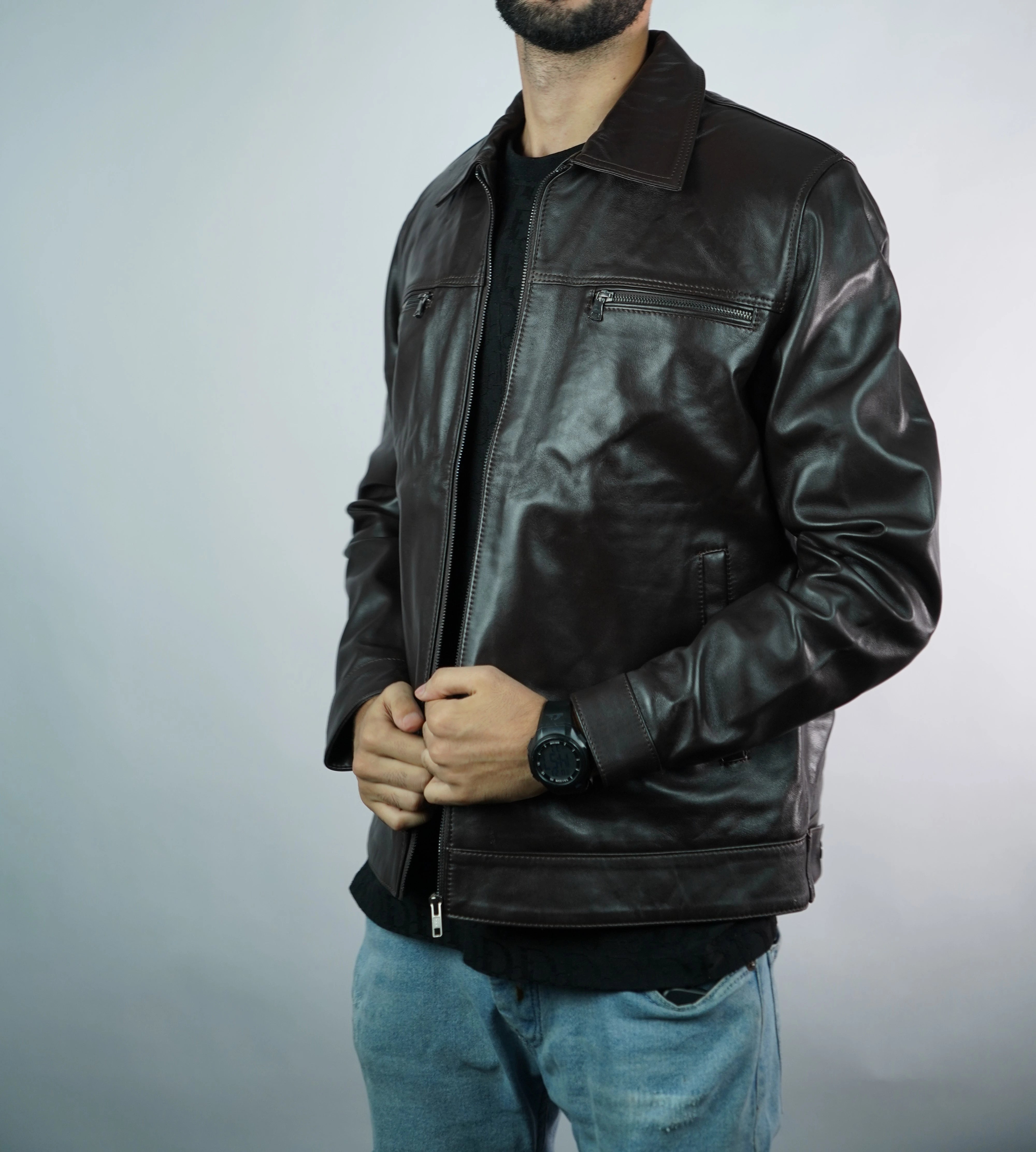 Men’s Classic Black Faux Leather Jacket – Slim Fit Zip-Up